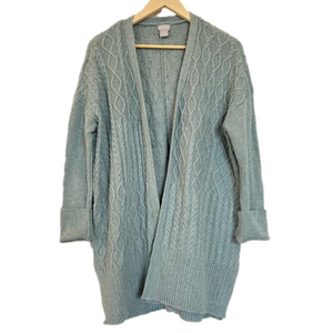 Chico's Teal Blue Cashmere Blend Cableknit Wool Cardigan Open Front Size XL